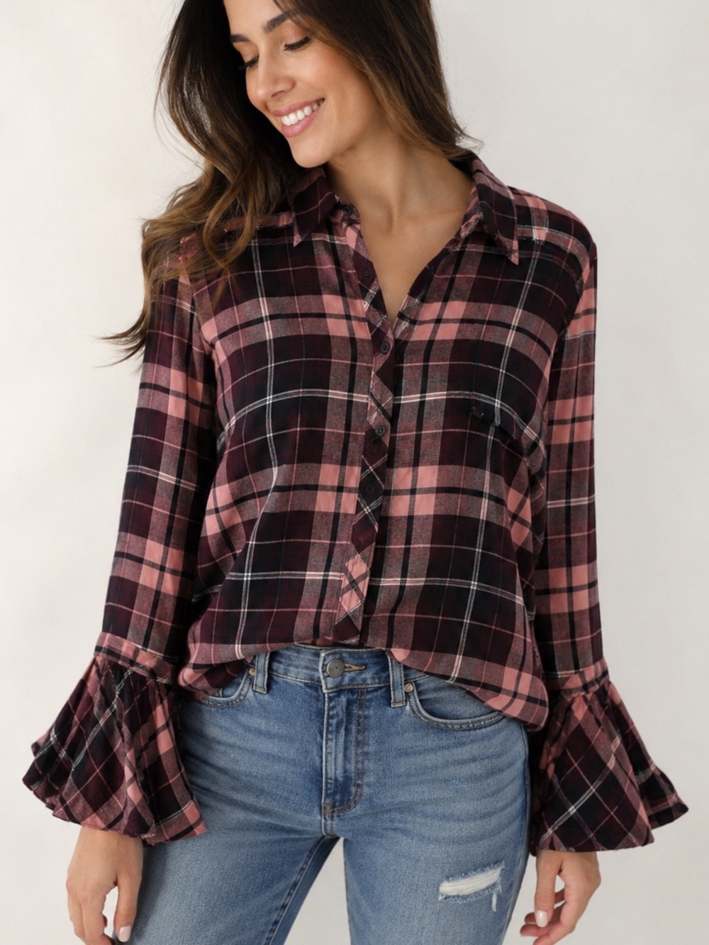 beachlunchlounge Pink and Black Plaid Bell-Sleeve Button-Down Shirt
